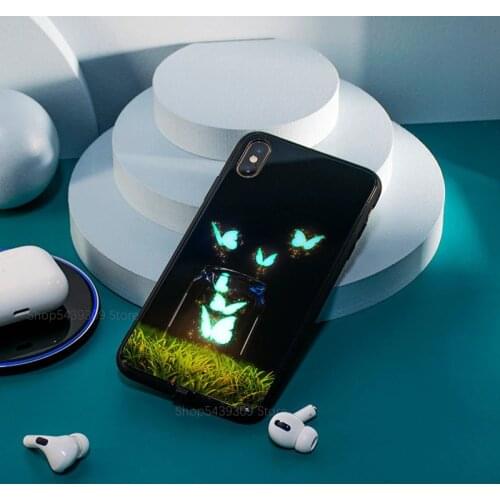 Cute 3D Relif Butterfly LED Phone Case For iPhone 7 8 Plus XR XS Case Glossy Flash Glass For iPhone 11 12 MAX Cover Christmas