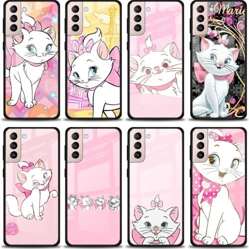 Cartoon Pink Marie Cat Tempered Glass Cover For Samsung Galaxy S21 Plus Ultra M21 M31 M51 A52 A72 Phone Case Coque