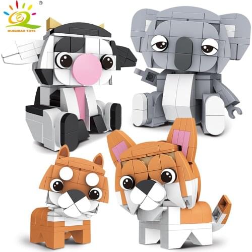 HUIQIBAO TOYS DIY 899pcs Simulate Animals Building Blocks Assemble City Cow Corgi Dog Owl Bricks Set Educational Children Gift