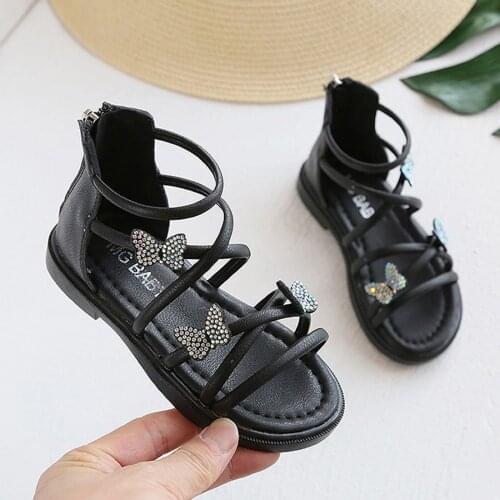Summer Toddler Infant Kids Baby Girls Zipper Sandals Leather Rhinestone Butterfly Soft Bottom Flat Party Beach Princess Shoes#g4