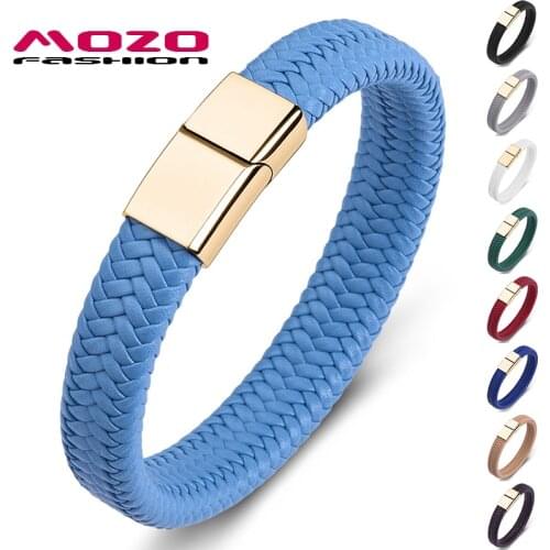 Fashion Punk Men Jewelry Blue Braided Leather Bracelet Gold Stainless Steel Magnetic Clasp Fashion Women Bangles