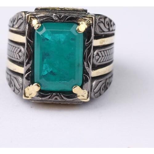 Handmade Mens 925 Silver Dark Green Paraiba Tourmaline 18 K Gold Plated Ring, Handmade Rectangular Tourmaline Ring
