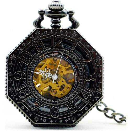 New Antique Octagon Numbers Necklace Hand-Winding Skeleton Mechanical Pocket Watch For Men Women PJX1143
