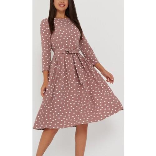 Autumn Printed Polka Dot Dress Elegant High Waist Casual Slim Robes Vestidos 3/4 Sleeve Women Dresses With Bow Sashes Pink 2021