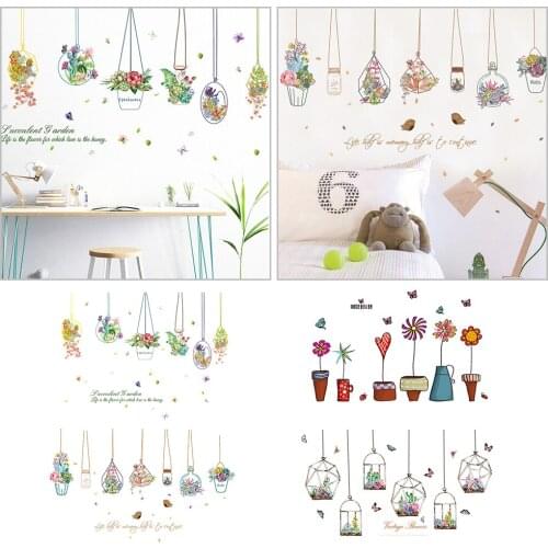 Garden Potted Plants Cactus Aloe Wall Stickers Home Decor Living Room Flower Butterfly Bonsai Wall Decals DIY Mural Art Posters