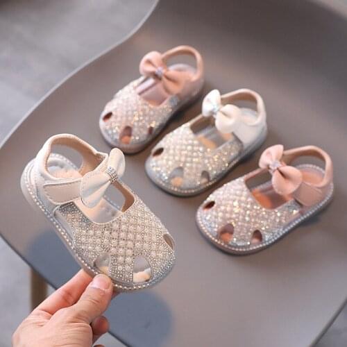 Girls Sandals Children Shoes 2021 Summer New Fashion Baby Shoes Princess Pink Rhinestone Bow Falts Sandals Size 21-30