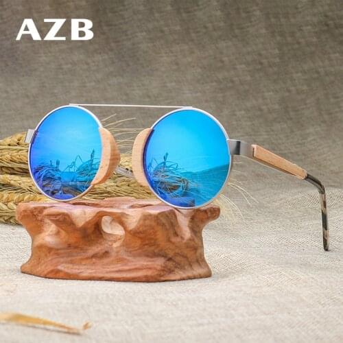 AZB Round Bamboo Sunglasses Polarized Steampunk Sun Glasses for Men and Women Wooden 100% UV Protection Sunglass