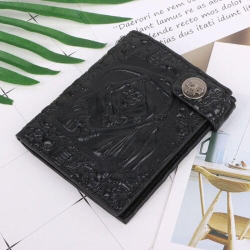 Vintage Skull Leather Wallet With Anti Theft Chain Men Bifold ID Credit Card Holder