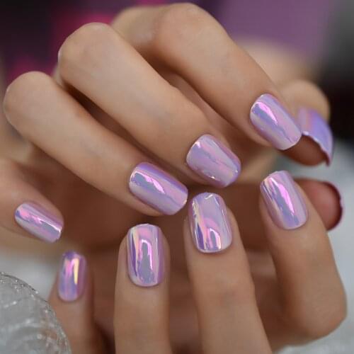 Magic Color Holo Chameleon Pink Purple Press on False Nails Short Fake Nail Full Cover Finger Wear Tips with Glue Sticker