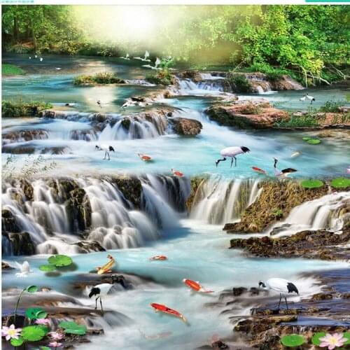 Wellyu Flowing Water Falls Fairyland Dream Lotus Salmon Crane 3D Flooring Custom Large Mural Flooring Stickers