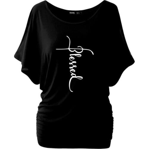 New Fashion BLESSED Letter Print T Shirt Women Shirts Cotton O Neck Batwing Short Sleeve Summer T-Shirt Tops Tshirt Plus Size