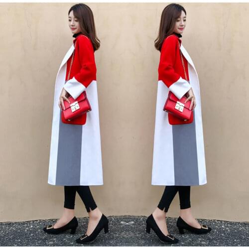 Women Stitching Woolen Jacket 2021 New Contrast Woolen Coat Female Mid-length Winter Fashion Over-the-knee Loose Woolen CoatA253