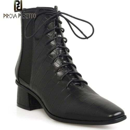 New Fashion Small Square Toe Thick Heel Womens Shoes Cross-lace Rhombic Leather Stitching Elastic Band Mid-heel Martin Boots
