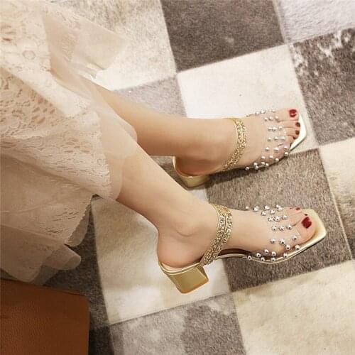 YQBTDL Summer Peep Toe Womens Shoes Bling Glitter Studded Block High Heels Slides Silver Gold Transparent Slippers Plus Size 43