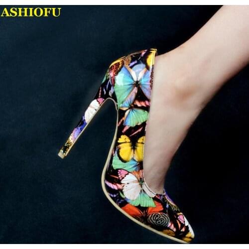 ASHIOFU Handmade Ladies High Heel Pumps Printing Patent Leather Party Prom Dress Shoes Slip-on Evening Fashion Court Shoes XD039