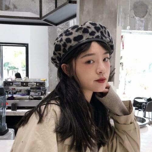 Leopard Print Spring Autumn Beret Korean Version All-Match Student Painter Hat Winter British Fashion Trendy Octagonal Cap D8