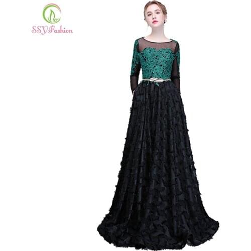 SSYFashion New Lace Prom Dress Long Sleeved Appliques Floor-length Black Elegant Evening Party Formal Gown Robe De Soiree