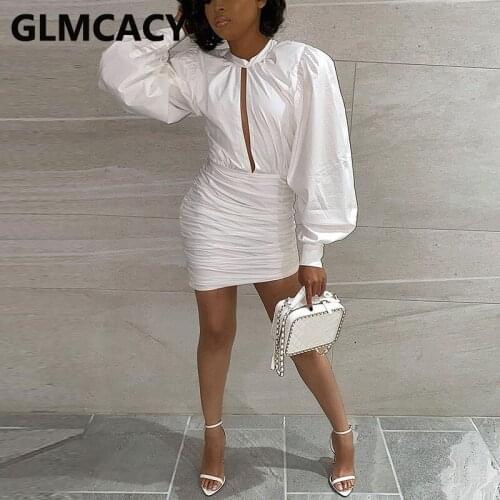 Women Lantern Sleeve Cut Out Front Bodycon Dress Ruched Bodycon Mini Dresses