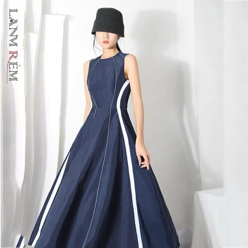 LANMREM Womens Mid-length Navy Blue Dress New Round Neck Sleeveless Temperament Loose Fit Fashion Trendy Summer 2021 2E1186