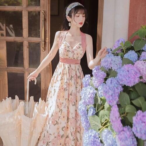 Summer Floral Dress Women V-Neck Halter Oil Painting Printing Suspender Dress Elegant Vintage Beach Dress Party Lady Robe 2021