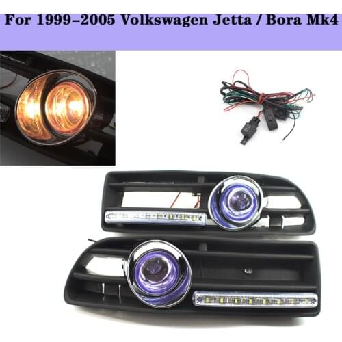 1 Pair Car GRILLE FOG LIGHT &LED DRL BLUE LENSFit For 1999-2005 Volkswagen Jetta / Bora Mk4