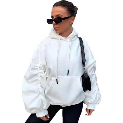 2021 Fashion Elegant Hoodies Women/Girl Cotton Pure Color Smoke Plait Pile Up Sleeve Casual Loose Hooded Sweatshirts White/Gray