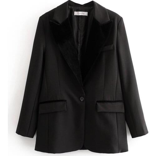2021 New sping spliced Black Velvet suit jacket office lady formal blazer single button jacket women