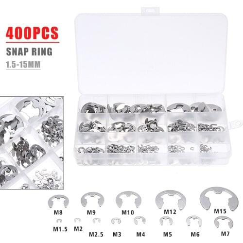 400Pcs Stainless Steel E-type Circlip Assortment Kit M1.5-M15 E-Clip Circlip Retaining Ring Washers With Transparent Storage Box