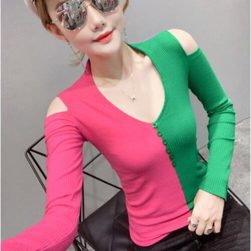 #5722 Off Shoulder T-Shirts For Women V Neck Buttons Sexy Tight T-shirt Female Long Sleeved Spliced Color Knitted T Shirt Femme