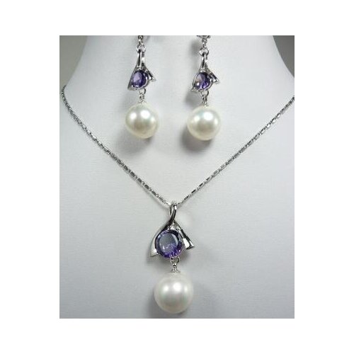 Free Shipping Nobility Lucky Women Vogue white shell pearl purple crystal pendant necklace earrings Silver hook Fine
