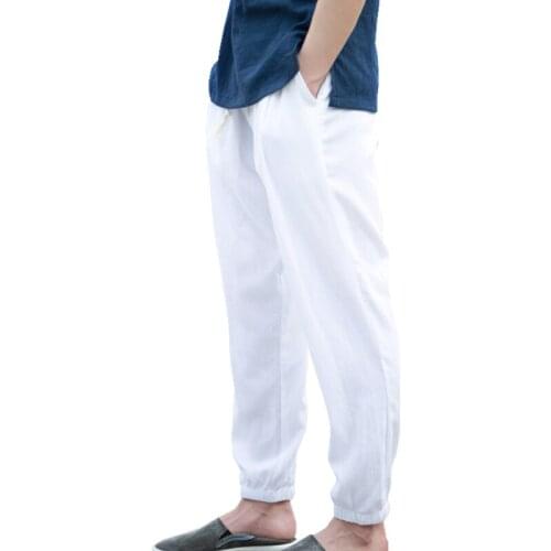 Jogging Pants Men Summer Casual Harem Pants Natural Cotton Linen Trousers White Elastic Waist Japanese Fashion Clothing