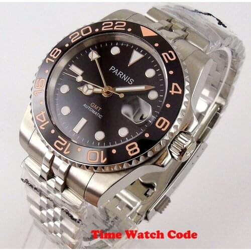 40mm PARNIS Automatic Men’s Wristwatch black dial black ceramic bezel jubilee bracelet GMT date indicator luminous hands marks