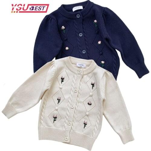 2021 Autumn Baby Girls Knitted Sweaters Jacket Korean Style Embroidery Floral Tops Kids Cardigan Coats Children Clothes Cotton
