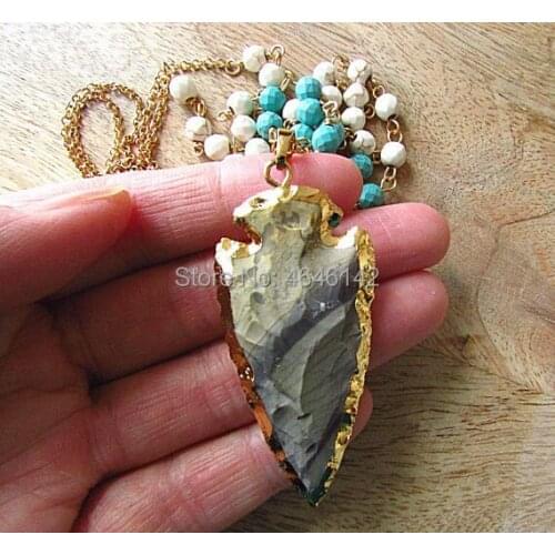 Long Howlite Beads Necklace Bohemian Arrow Pendant Necklace Turquoise Beads