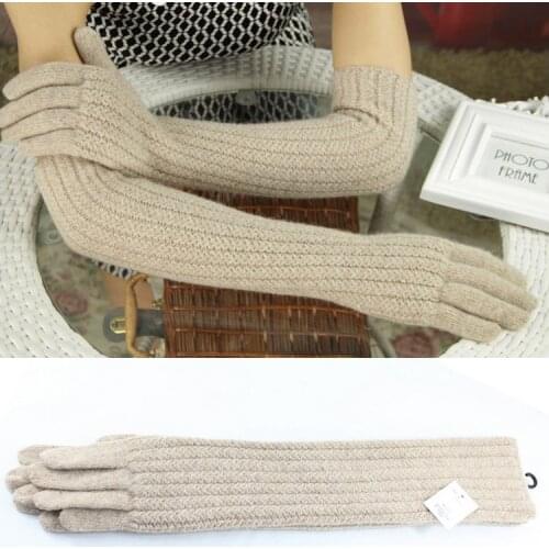 45cm Long Wool Gloves Mittens for Women Warm Winter Knitted Fashion Gloves Black Brown Grey Ladies Elbow Brand Gloves 2019 New