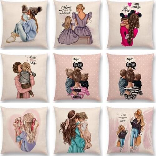 Double-sided printing Cushion Cover Mum Linen Throw Pillow Case Mom and Baby Pillow Cover for Sofa Mothers Day Gift Pillowcase