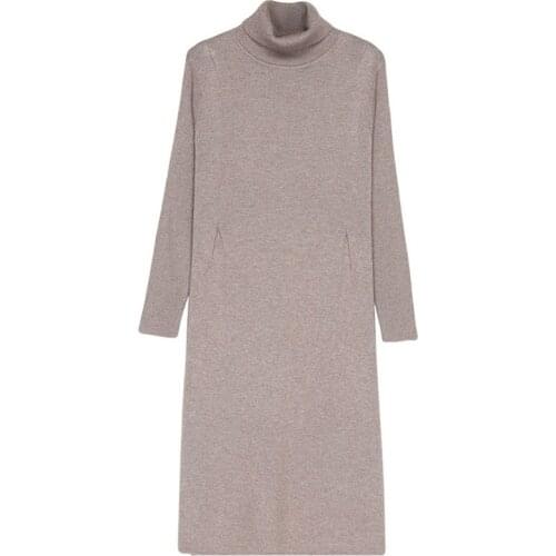 Fad Autumn And Winter New WomenS Pure Color Simple Knitted Sweater O-Neck Knitted Long-Sleeved Sweater Dress