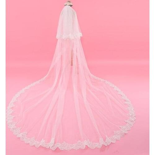 Beauty Champagne Bridal Veils Lace Cathedral Wedding Veils With Combs Two-Layer Blush Face Appliques Pleats Bridal Veil