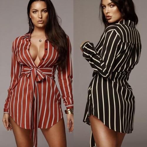 Summer Fashion Sexy Ladies, Printing, Bows, Asymmetrical Striped Shirt Dress