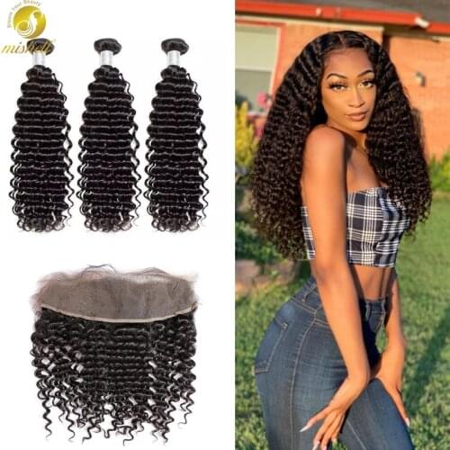 Mishell 28 30 32 34 Inch Deep Curly Hair Bundles With Frontal 3 4 Bundles With 13X4 Lace Frontal Remy 100% Human Hair Extensions