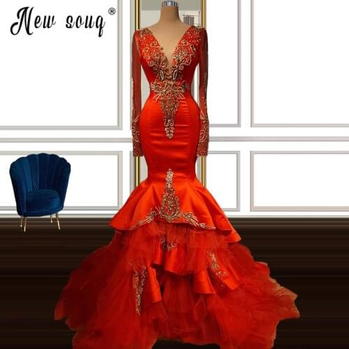 Muslim Red Long Sleeve V Neck Evening Dress 2021 Beading Ruffles Tiered Mermaid Evening Gowns Luxury Longue Robes Real Photo