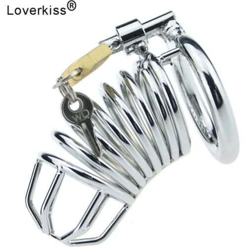 Loverkiss Male Stainless Steel Chastity Device Belt Bird Metal Penis Cage Cock Lock Restraint Dick Ring BDSM Sex Toy for Men
