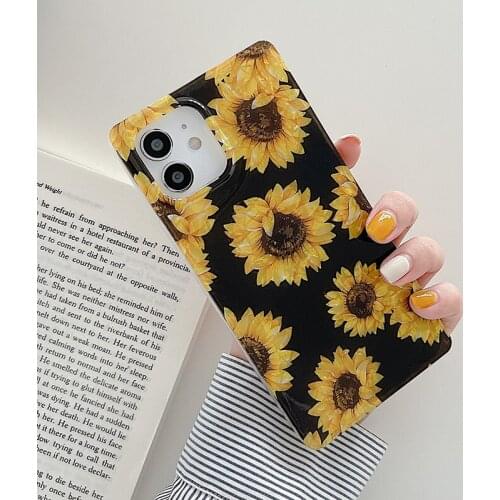 Cartoon Sunflower Flowers Square Soft Phone Case For iPhone 12 Pro Max 11Pro X XR XS 7 8 Plus Chic Conch Shell Print Back Cover