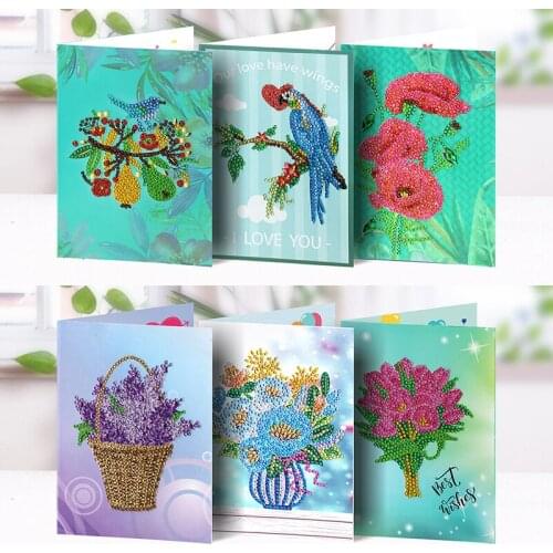 6pcs 5D DIY Diamond Painting Kit Christmas Birthday Greeting Cards Flowers Birds Postcards Diamond Embroidery Art Crafts Gifts