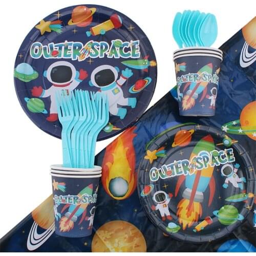 35Pc/Set Space Astronaut Theme Disposable Tableware Birthday Decoration Baby Shower Spoon Plates Forks Tablecloth Party Supplies