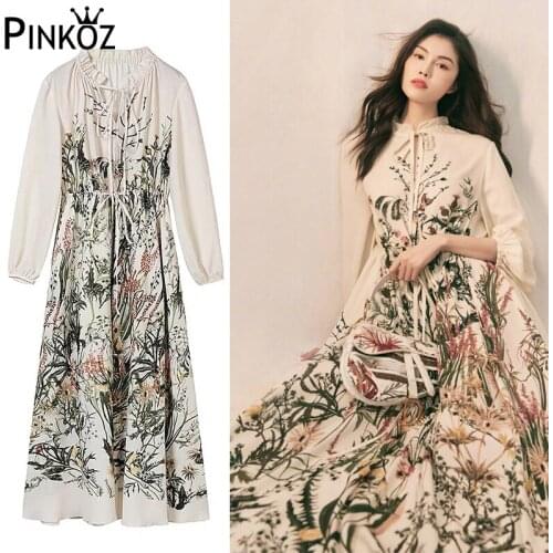 Pinkoz celebrity designer style french tropical floral printed loose midi dress women autumn winter long sleeve dresses vestidos