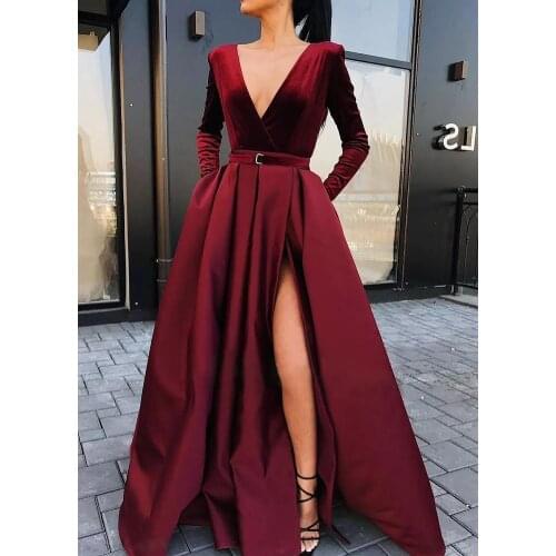 Women Long Gown Elegant Ladies A-Line Party Dresses female Deep V-neck Slit Full-length Evening Club Dress Maxi High Waist Dress