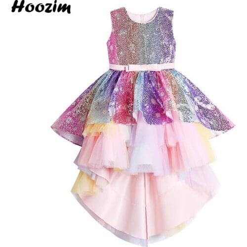 Luxury Glitter Sequin Colorful Tulle Pageant And Gala Asymmetrical Dress Girls 4 To 12 Age Formal Prom And Evening Party Dresses