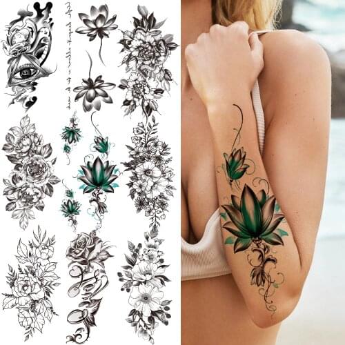 3D Lotus Chains Temporary Tattoo For Girl Women Black Triangle Eye Flower Tattoos Sticker Fake Peony Orchid Rose Tatoos Arm Back