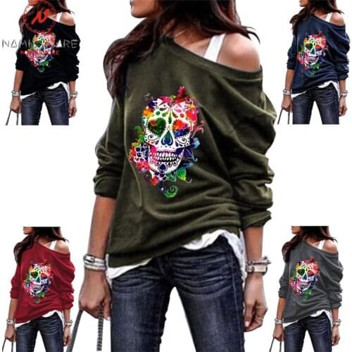 Halloween Women Skulls Print T-Shirts for Streetwear Patchwork Design O-Neck Long Sleeve Spring Autumn Casual Pullovers Top